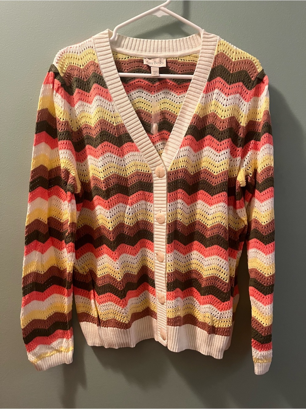 AnyBody Multicolor Chevron Cardigan - Coral, Brown & Yellow